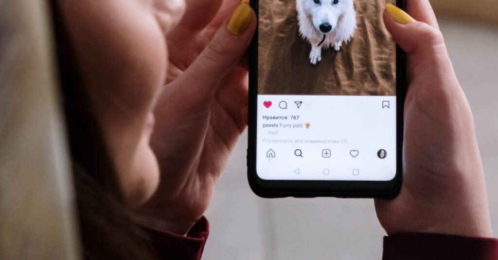 Pessoa interagindo com postagens no Instagram usando smartphone