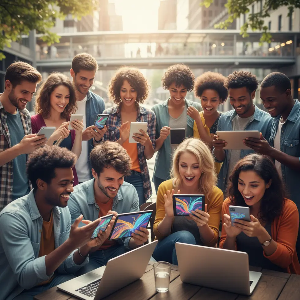 Grupo diverso interagindo com conteúdo em redes sociais em dispositivos variados