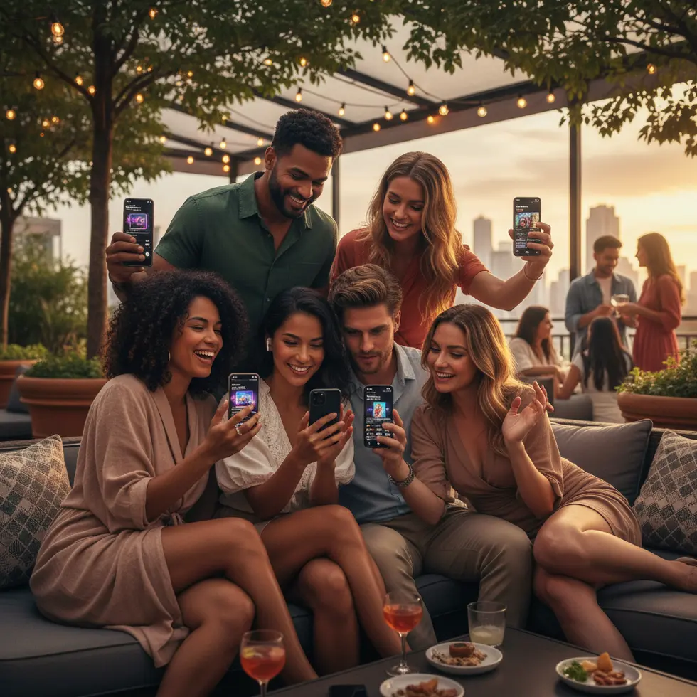 Grupo diversificado interagindo com Instagram Reels em cenário social para estratégias de monetização