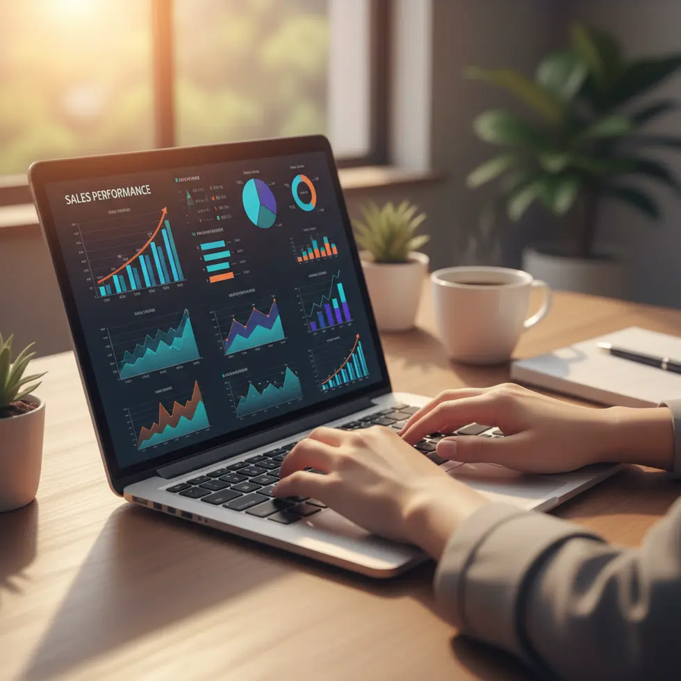 Mãos digitando em laptop com gráficos de análise de desempenho para otimização de conteúdo no TikTok