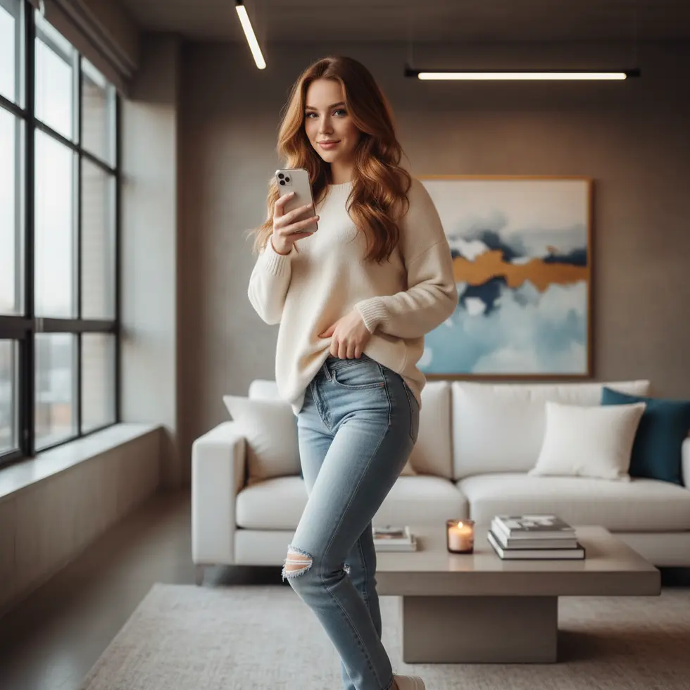 Mulher jovem e confiante segurando smartphone com expressão positiva, representando criadora de conteúdo no TikTok