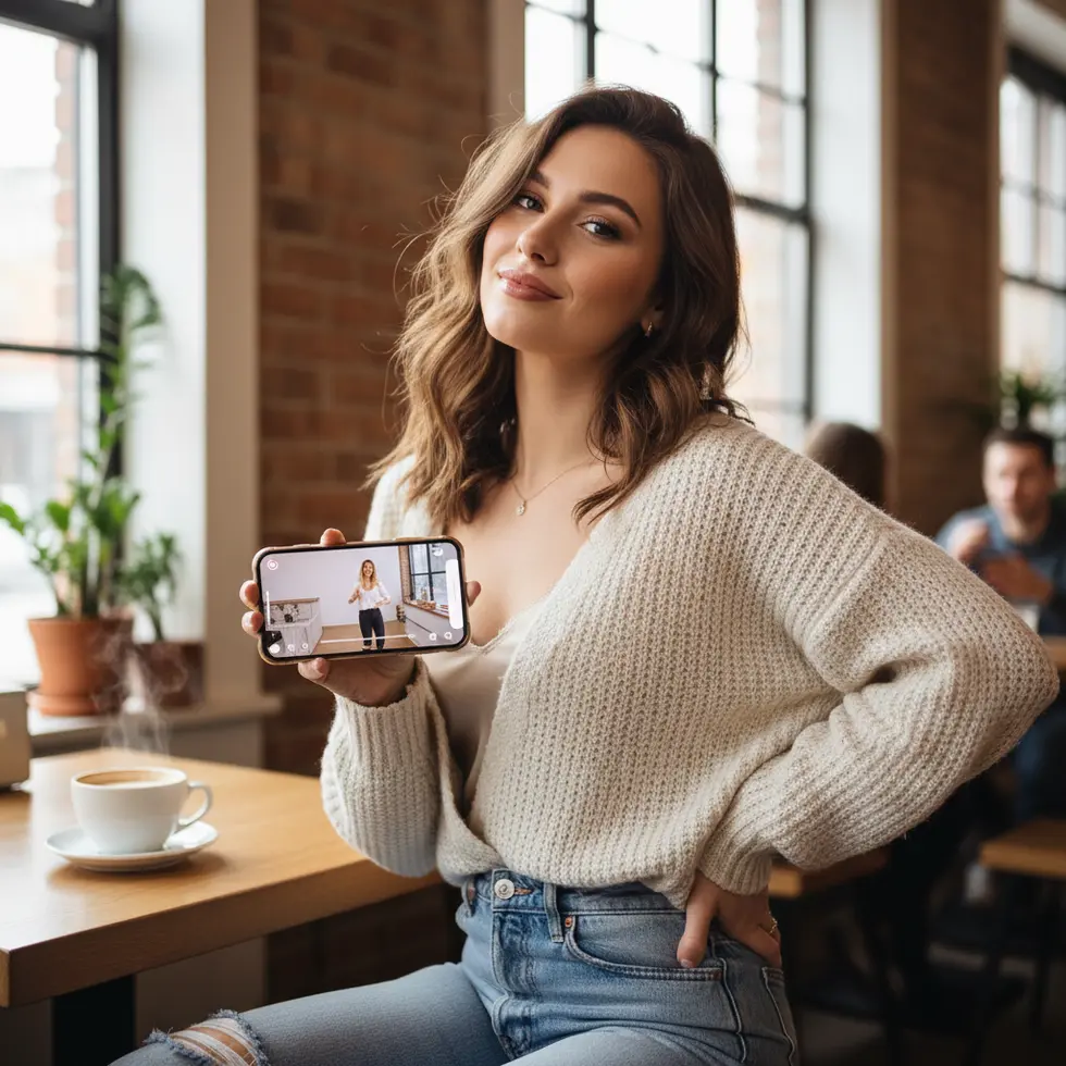 Mulher sorridente usando smartphone com Instagram Reels em ambiente moderno para monetização de visualizações