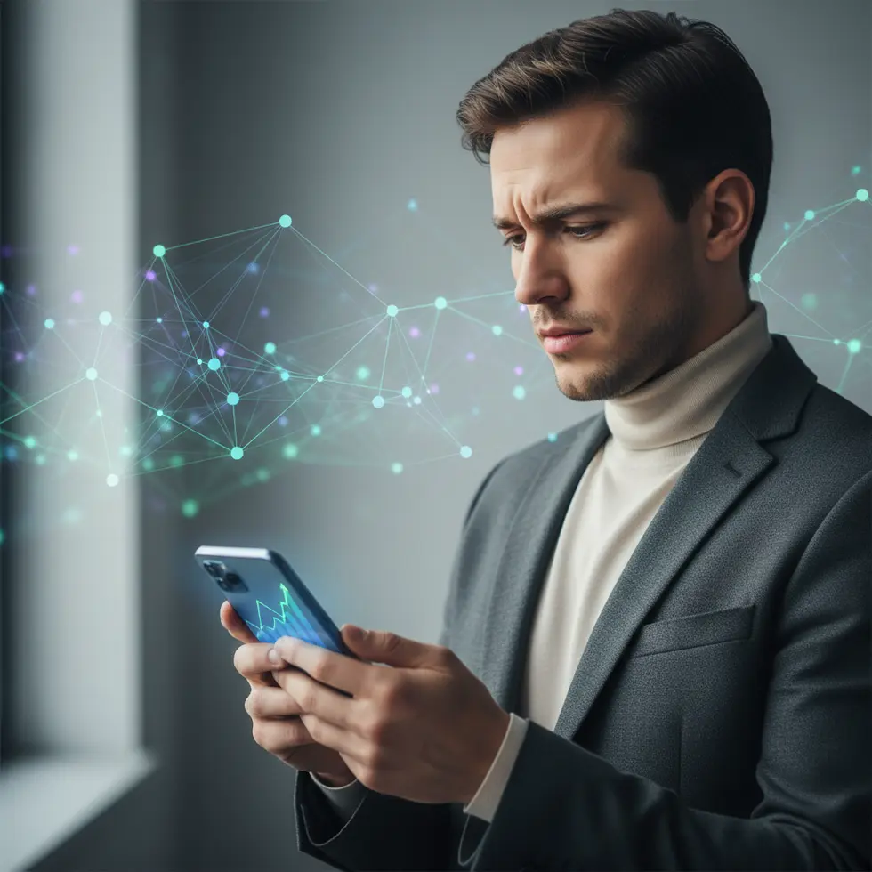 Pessoa refletindo sobre crescimento em redes sociais com smartphone