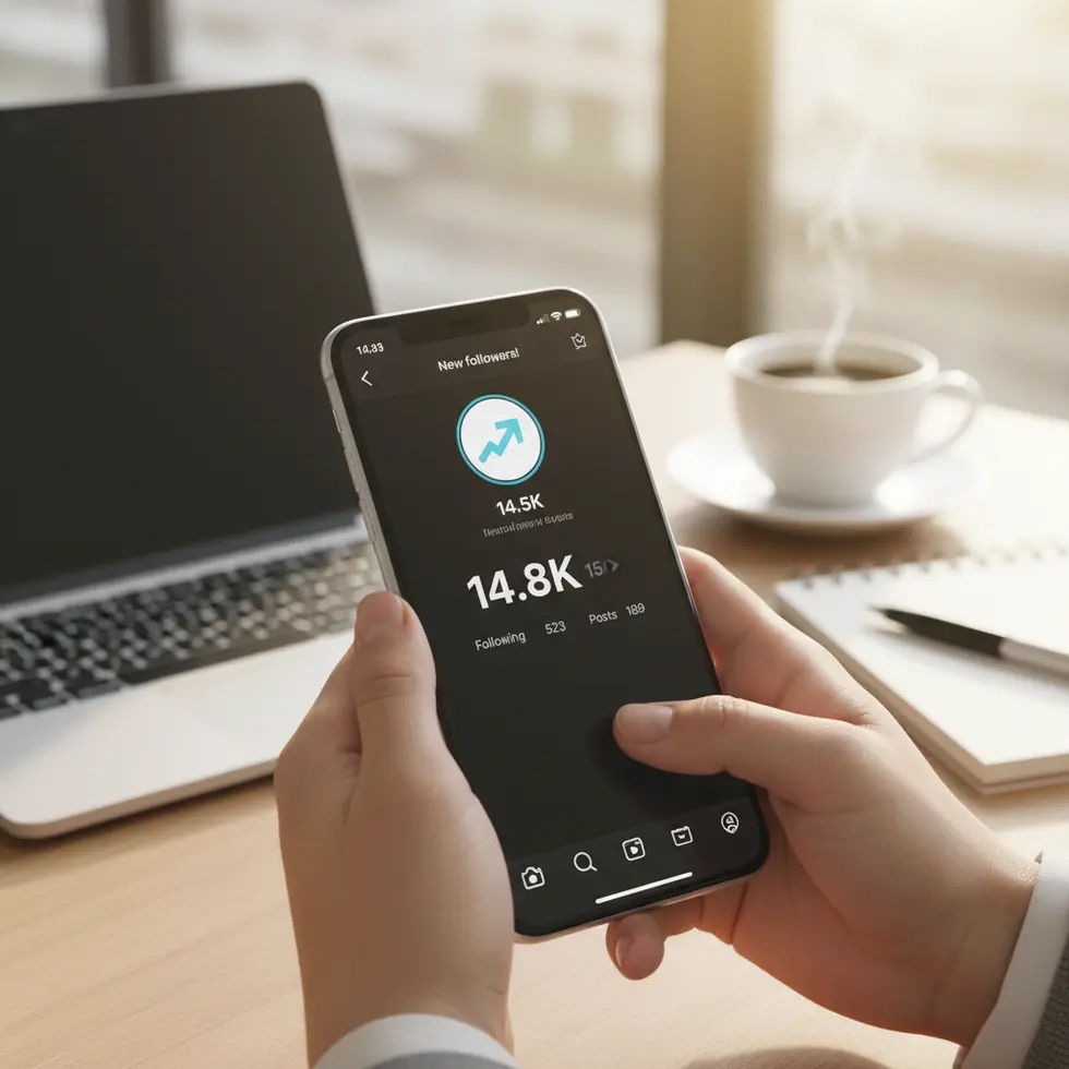 Close-up do celular mostrando aumento no número de seguidores no Instagram