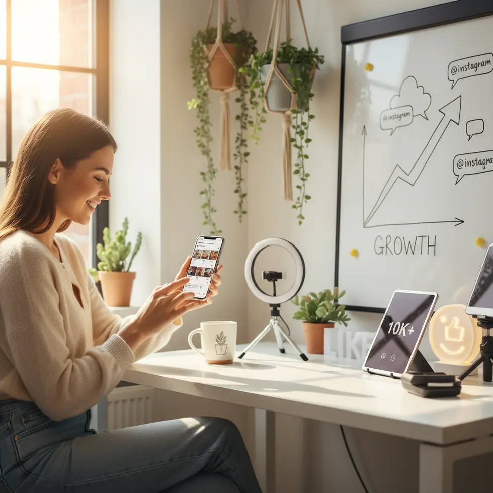 Jovem micro influenciador em um ambiente moderno e iluminado, usando smartphone para acessar Instagram, simbolizando o ato de comprar seguidores no Instagram para aumentar o engajamento e crescimento digital.